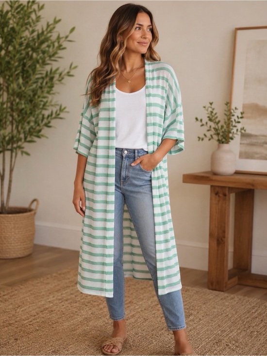 white birch Sweaters - NWOT white birch Mint and White Striped Open-Front Long Coatigan Duster